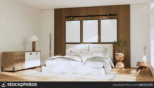 Minimalist wabisabi bedroom plant and decoartion in japanese bedroom. 3D rendering.