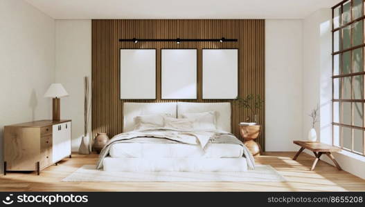 Minimalist wabisabi bedroom plant and decoartion in japanese bedroom. 3D rendering.