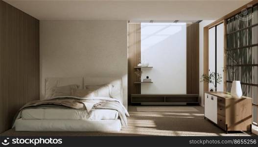 Minimalist wabisabi bedroom plant and decoartion in japanese bedroom. 3D rendering.