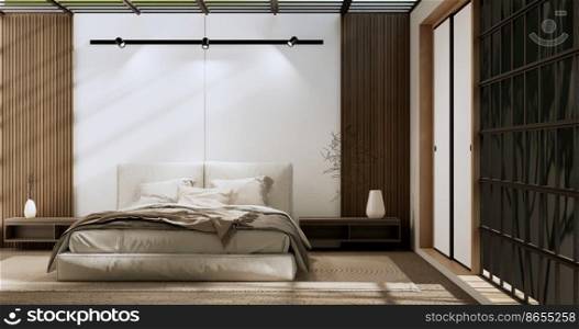 Minimalist wabisabi bedroom plant and decoartion in japanese bedroom. 3D rendering.