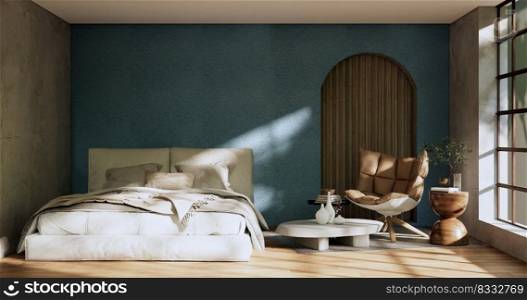 Minimalist wabisabi interior mock up with zen bed plant and decoartion in japanese bedroom. 3D rendering.