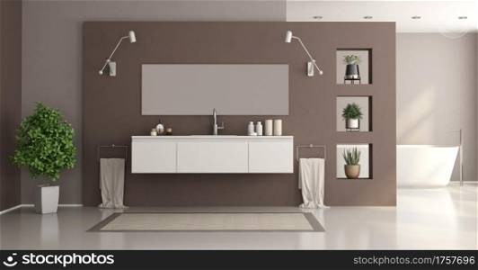 Minimalist white and brown home bathroom with washbasin and bathtub - 3d rendering. Minimalist white and brown home bathroom