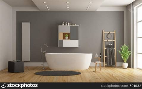 Minimalist white and gray bathroom with bathtub - 3d rendering. Minimalist white and gray bathroom