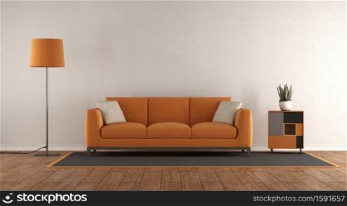 Minimalist white and orange living room with sofa,floor lamp and small sideboard - 3d rendering. Minimalist white and orange living room
