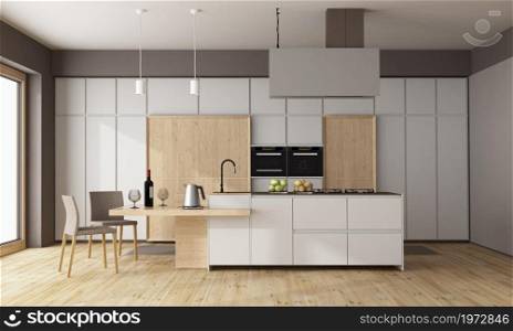 Minimalist white and wooden kitchen with island on hardwood floor - 3d rendering. Minimalist white and wooden kitchen with island