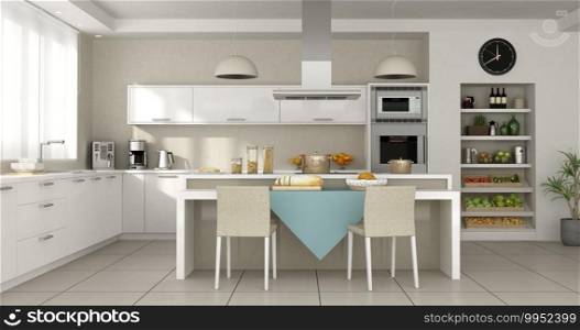Minimalist white kitchen with island - 3d rendering. Modern white kitchen with island