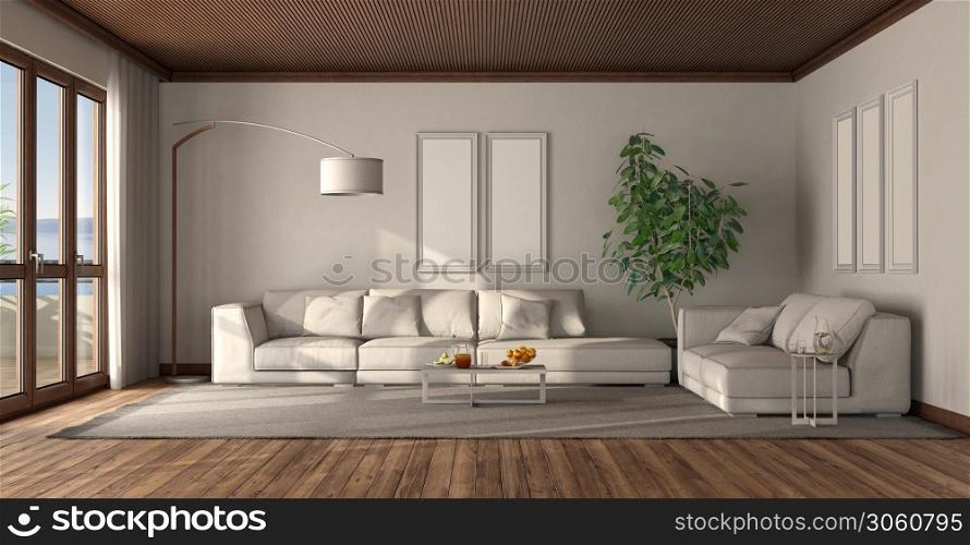 Minimalist white living room with wooden ceiling and elegant sofa - 3d rendering. Minimalist white living room with wooden ceiling