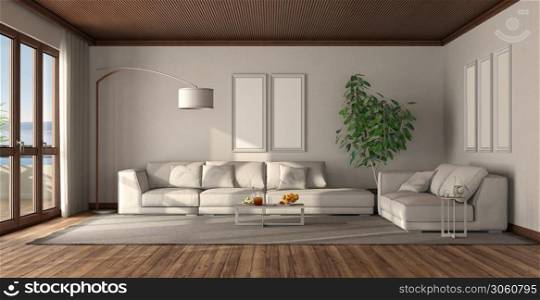 Minimalist white living room with wooden ceiling and elegant sofa - 3d rendering. Minimalist white living room with wooden ceiling