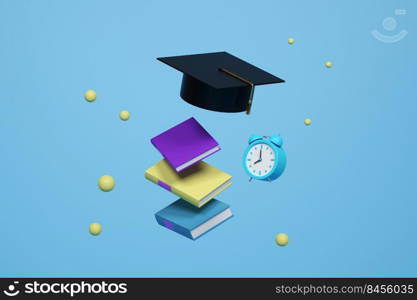 minimalist yellow balls, books and graduation cap floating in the air on blue background. 3d illustration