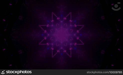 Minimalistic 3d illustration abstract art visual background with glowing neon purple crystal shaped pattern on black space. Purple crystal shaped ornament in darkness 3d illustration