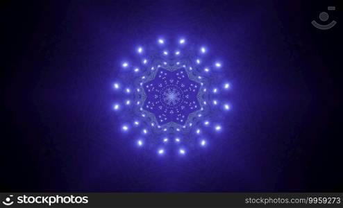 Minimalistic abstract 3d illustration visual background of fantastic tunnel with glowing blue neon lights creating circular frame and star shaped hole in center in dark space. Blue neon sci fi tunnel 3d illustration