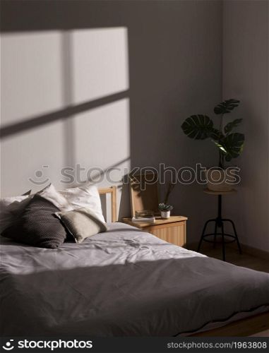 minimalistic bed with interior plant. High resolution photo. minimalistic bed with interior plant. High quality photo