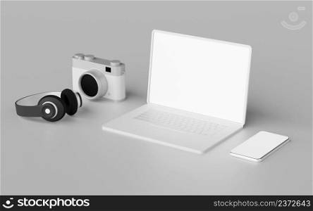 Minimalistic camera headphone, laptop, smartphone with blank screen mockup, 3d rendering