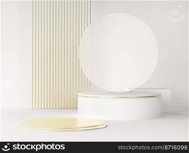 Minimalistic elegant stage for show your products. 3d cylinder with gold on a white background. Platform or podium with golden ring. Mock up for fashion presentation. 3d rendering