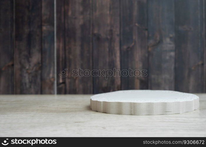 Minimalistic empty white podium with wood texture background for product display