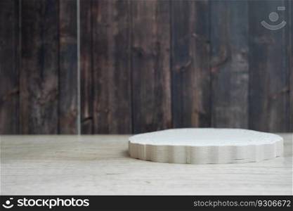 Minimalistic empty white podium with wood texture background for product display