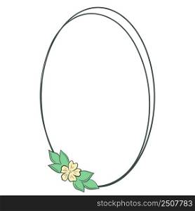 Minimalistic frame with flower vector illustration. Oval botanical rim isolated. Leafy floral rustic wreath. Abstract simple natural border. Minimalistic frame with flower vector illustration