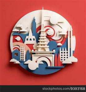 Minimalistic French Pride 3D Paper Cut Craft Illustration Celebrating Bastille Day. For print, web design, UI, poster and other.