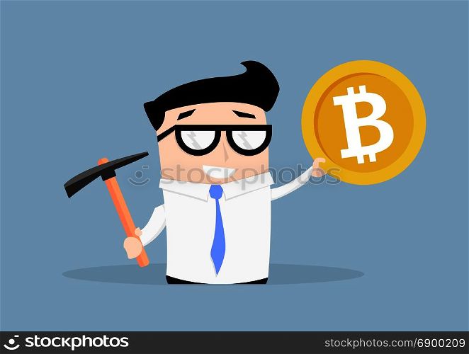 minimalistic illustration of a businessman holding a pickaxe and a bitcoin, concept of bitcoin mining, eps10 vector