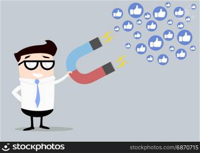 minimalistic illustration of a businessman holding a red and blue horseshoe magnet attracting likes, social media and influencer marketing concept, eps10 vector