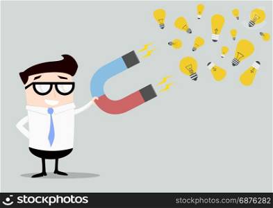 minimalistic illustration of a businessman holding a red and blue horseshoe magnet attracting lightbulbs, symbol for ideas and creativity, eps10 vector