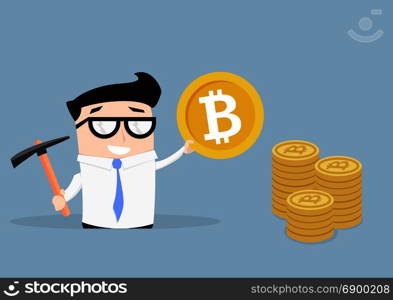 minimalistic illustration of a businessman holding Pickaxe and bitcoin net to a stack of coins, concept of bitcoin mining , eps10 vector