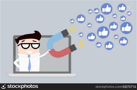 minimalistic illustration of a businessman on a computer screen holding a magnet attracting likes, social media and influencer marketing concept, eps10 vector