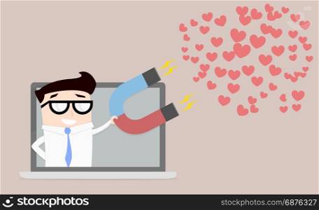 minimalistic illustration of a businessman on a laptop screen holding a magnet attracting hearts, eps10 vector