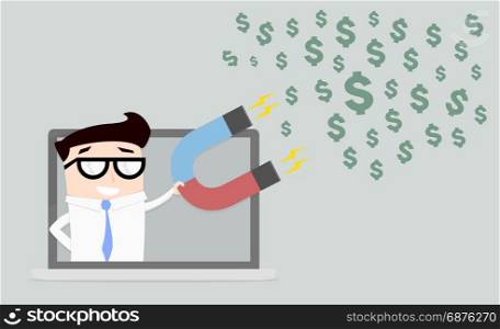 minimalistic illustration of a businessman on a laptop screen holding a red and blue horseshoe magnet attracting dollars, eps10 vector