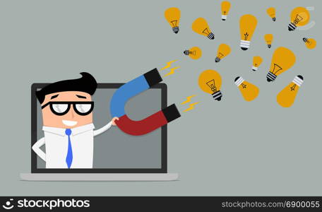 minimalistic illustration of a businessman on a laptop screen holding a red and blue horseshoe magnet attracting lightbulbs, symbol for ideas and creativity, eps10 vector