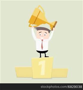 minimalistic illustration of a businessman on a podium holding a golden trophy, eps10 vector