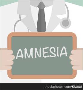 minimalistic illustration of a doctor holding a blackboard with Amnesia text, eps10 vector