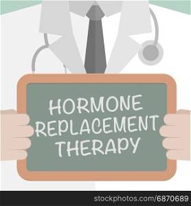 minimalistic illustration of a doctor holding a blackboard with Hormone Replacement Therapy text, eps10 vector
