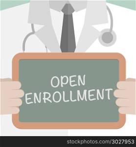minimalistic illustration of a doctor holding a blackboard with Open Enrollment text, eps10 vector. Medical Board Open Enrollment
