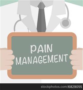 minimalistic illustration of a doctor holding a blackboard with Pain Management text, eps10 vector