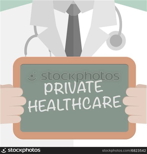 minimalistic illustration of a doctor holding a blackboard with Private Healthcare text, eps10 vector