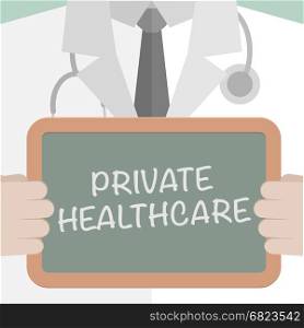 minimalistic illustration of a doctor holding a blackboard with Private Healthcare text, eps10 vector