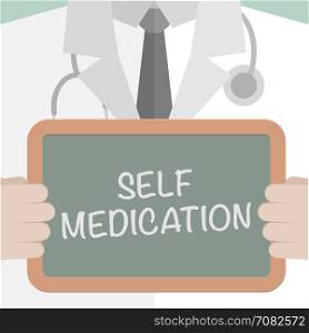 minimalistic illustration of a doctor holding a blackboard with Self Medication text, eps10 vector