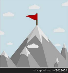 minimalistic illustration of a flag on top of a mountain, eps10 vector. Mountain with flag