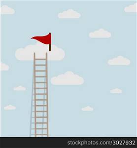 minimalistic illustration of a ladder reaching to a flag on top of cloud, business concept, eps10 vector. Ladder Clouds Flag