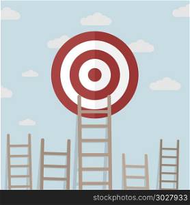 minimalistic illustration of a ladder reaching to a target in the sky, business concept, eps10 vector. Ladder Target Clouds