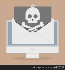 minimalistic illustration of a monitor with a skull in an envelope on screen, cybercrime concept, eps10 vector