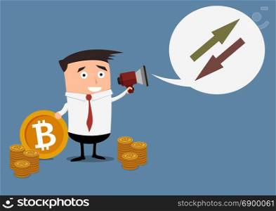 minimalistic illustration of businessman holding a megaphone with speech bubble announcing exchange rates evaluation for bitcoin, eps10 vector