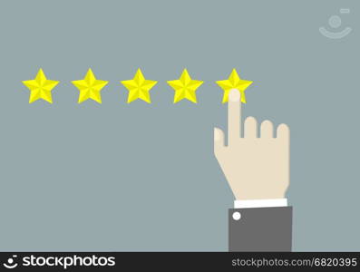 minimalistic illustration of hands of a businessman giving a five star rating, eps10 vector
