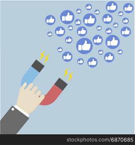 minimalistic illustration of hands of a businessman holding a magnet attracting likes, influencer marketing and social media concept, eps10 vector
