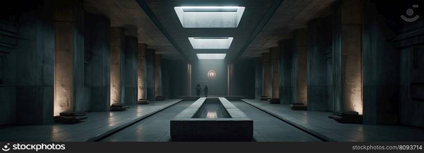 Minimalistic large  sci fi  interior with concrete walls created by generative AI