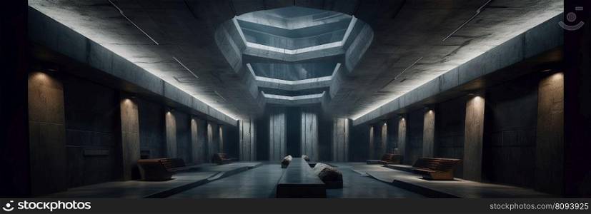 Minimalistic large  sci fi  interior with concrete walls created by generative AI
