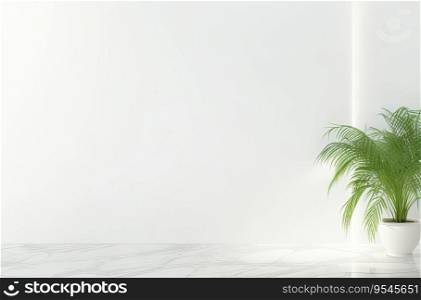 Minimalistic Light Background with Palm Leaves and White Marble. Generative AI.