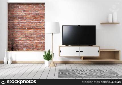 Minimalistic living room interior with a wooden cabinet and a wide screen TV - loft style. 3d rendering