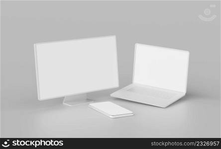 Minimalistic monitor, laptop and smartphone with blank screen mockup, 3d rendering